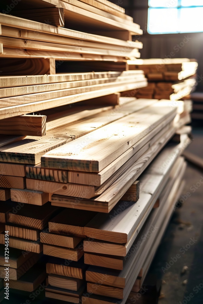 Pile of wood lumber planks stacked at residential construction site or shop. Pile of wood lumber planks stacked at residential construction site or shop.