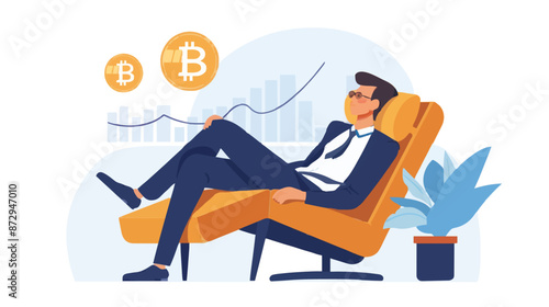Passive income and market investing flat vector illustration. Investor man relax in chair and get money profits