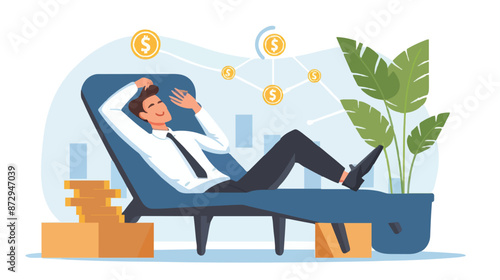 Passive income and market investing flat vector illustration. Investor man relax in chair and get money profits