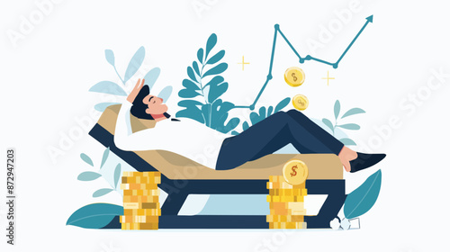 Passive income and market investing flat vector illustration. Investor man relax in chair and get money profits