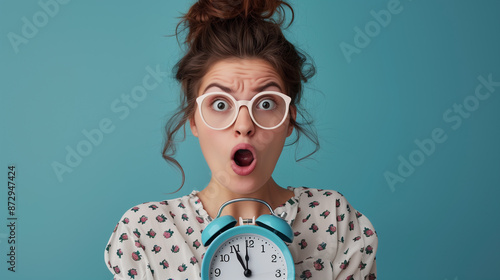 Shocked girl with alarm clock on blue photo