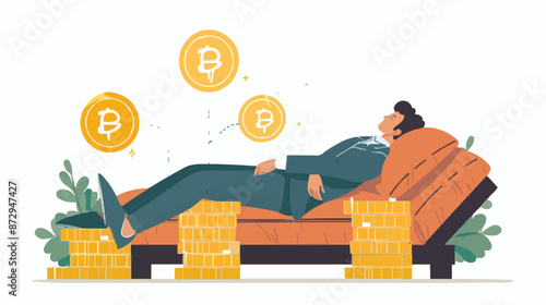 Passive income and market investing flat vector illustration. Investor man relax in chair and get money profits