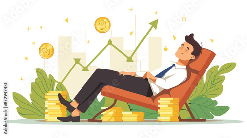 Passive income and market investing flat vector illustration. Investor man relax in chair and get money profits