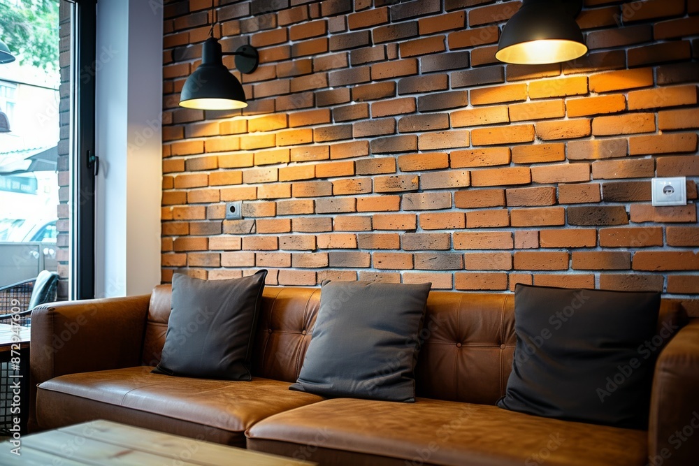 Naklejka premium Cozy Cafe Corner with Brick Wall, Leather Sofa, and Warm Lighting