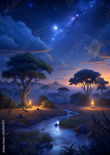 night landscape, safari landscape illuminated by the risen and shining moon