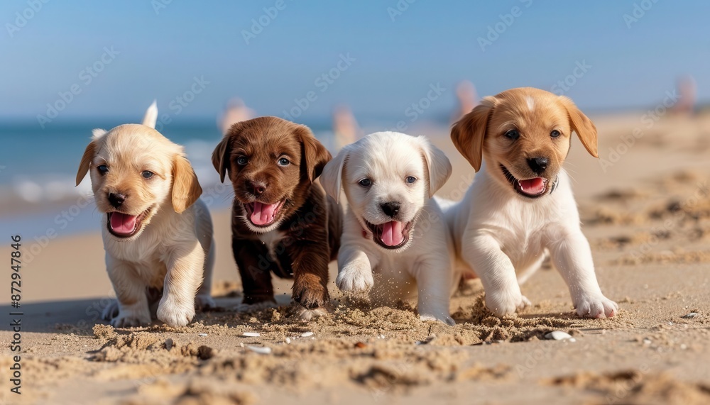 Group of puppies playing fetch on a sandy beach, clear blue sky, high detail, excited and happy expressions, high resolution, dynamic and fun scene, gentle ocean waves Group of puppies playing fetch on a sandy beach, clear blue sky, high detail, excited and happy expressions, high resolution, dynamic and fun scene, gentle ocean waves