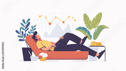 Passive income and market investing flat vector illustration. Investor man relax in chair and get money profits