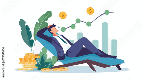 Passive income and market investing flat vector illustration. Investor man relax in chair and get money profits