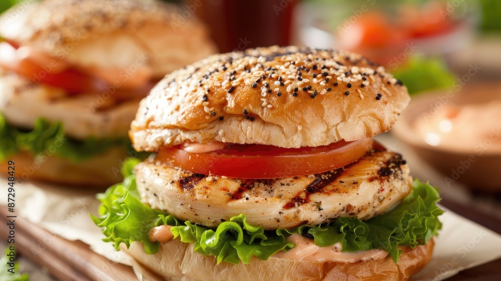 Grilled chicken sandwich with lettuce, tomato, and a special sauce Grilled chicken sandwich with lettuce, tomato, and a special sauce