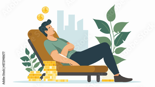 Passive income and market investing flat vector illustration. Investor man relax in chair and get money profits