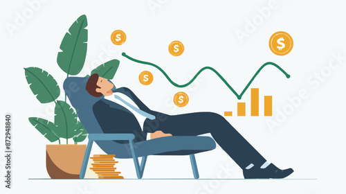 Passive income and market investing flat vector illustration. Investor man relax in chair and get money profits