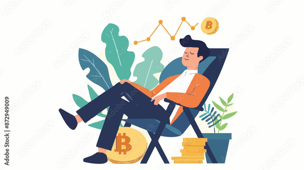 Fototapeta premium Passive income and market investing flat vector illustration. Investor man relax in chair and get money profits