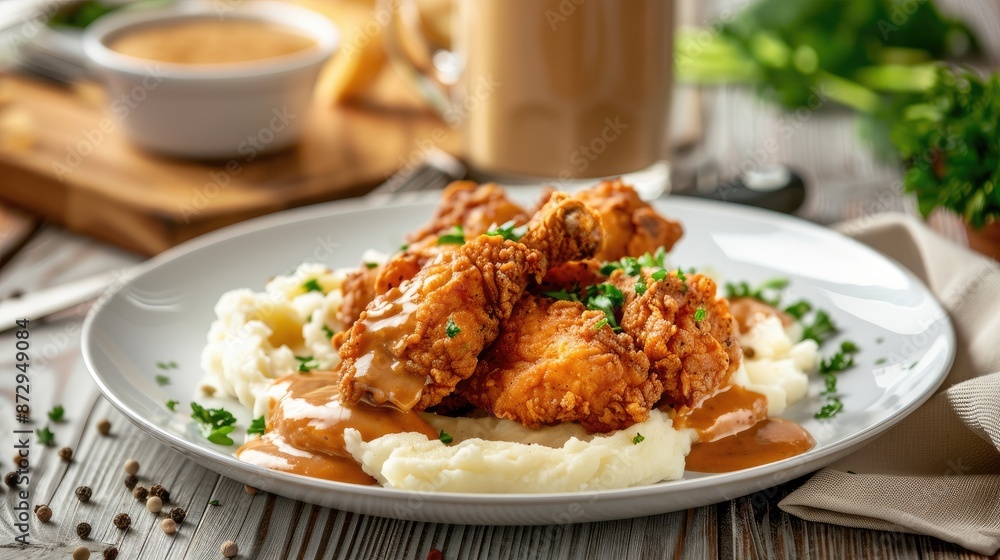 Plate of fried chicken with mashed potatoes and gravy on a rustic table Plate of fried chicken with mashed potatoes and gravy on a rustic table