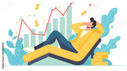 Passive income and market investing flat vector illustration. Investor man relax in chair and get money profits