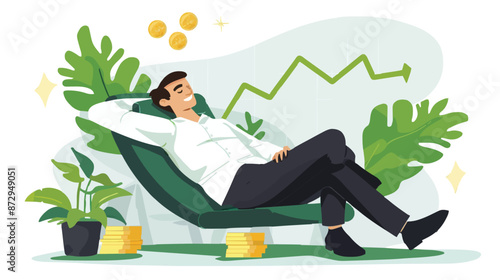 Passive income and market investing flat vector illustration. Investor man relax in chair and get money profits