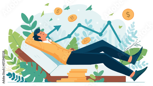 Passive income and market investing flat vector illustration. Investor man relax in chair and get money profits
