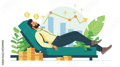Passive income and market investing flat vector illustration. Investor man relax in chair and get money profits