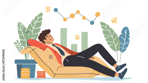 Passive income and market investing flat vector illustration. Investor man relax in chair and get money profits