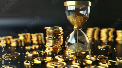 Golden Coins and Hourglass Clock, Time is Money Concept for Business Success, Return on Investment, 3D Illustration of Growth, Income, and Savings, Wealth Management, Hourglass and Coins Symbolizing photo