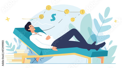 Passive income and market investing flat vector illustration. Investor man relax in chair and get money profits