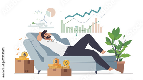 Passive income and market investing flat vector illustration. Investor man relax in chair and get money profits