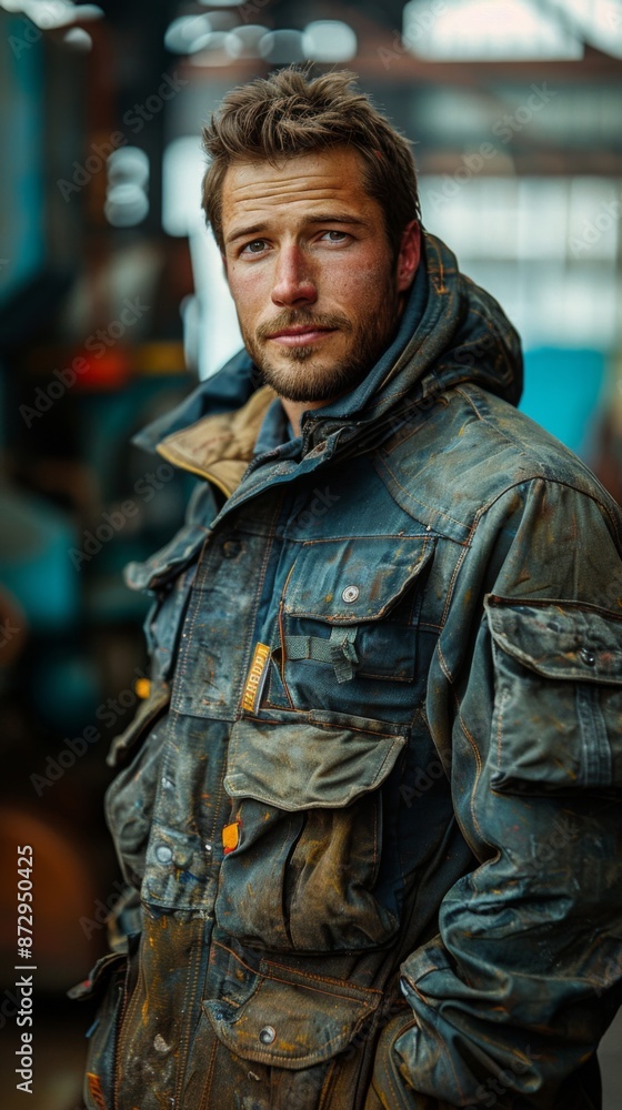 male worker stands in a workshop against an industrial background. male worker stands in a workshop against an industrial background.