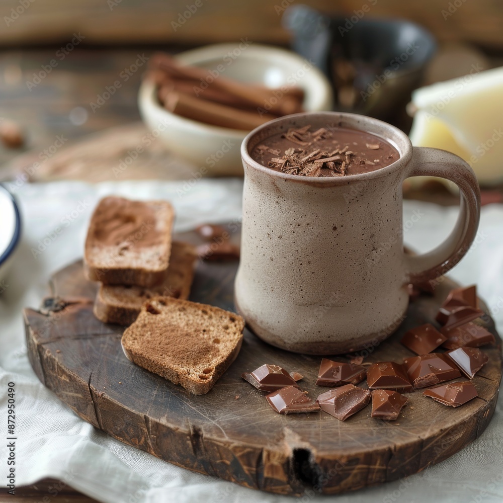 A cozy scene featuring a cup of hot chocolate topped with whipped cream and cinnamon sticks, presented on a wooden tray A cozy scene featuring a cup of hot chocolate topped with whipped cream and cinnamon sticks, presented on a wooden tray
