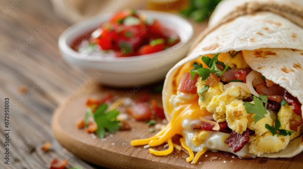 Breakfast burrito with scrambled eggs, bacon, cheese, and salsa Breakfast burrito with scrambled eggs, bacon, cheese, and salsa