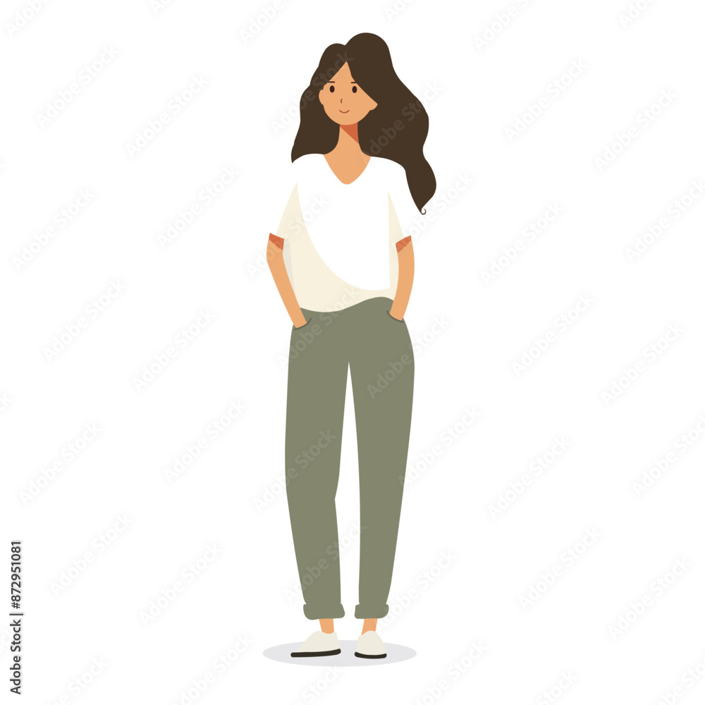 A woman stands and smiles, a simple illustration of a person, a flat image, isolated on a white background, one person A woman stands and smiles, a simple illustration of a person, a flat image, isolated on a white background, one person
