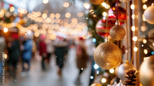 Cheerful Christmas market with decorated stalls, twinkling lights, and festive crowds