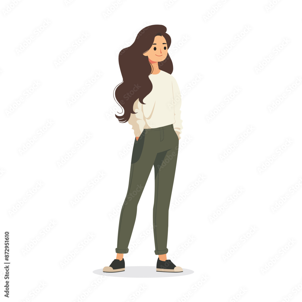 A woman stands and smiles, a simple illustration of a person, a flat image, isolated on a white background, one person A woman stands and smiles, a simple illustration of a person, a flat image, isolated on a white background, one person