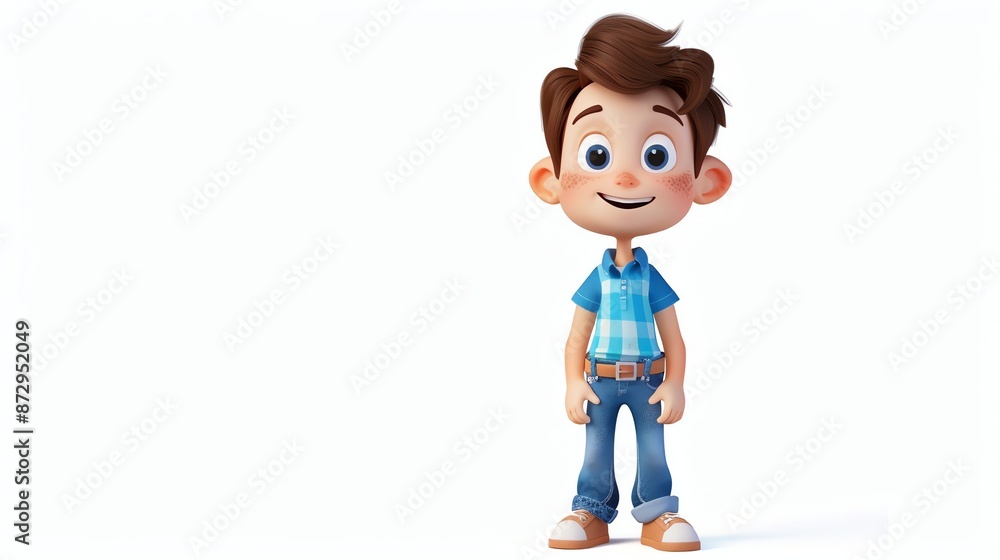 A 3D cartoon of a boy in a plaid shirt and jeans, smiling. A 3D cartoon of a boy in a plaid shirt and jeans, smiling.