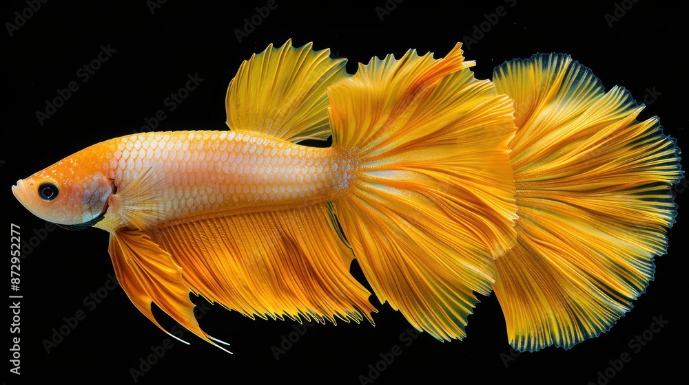 Fototapeta premium Vibrant Yellow Betta Fish with Flowing Fins on Black Background. Siamese Fighting Fish