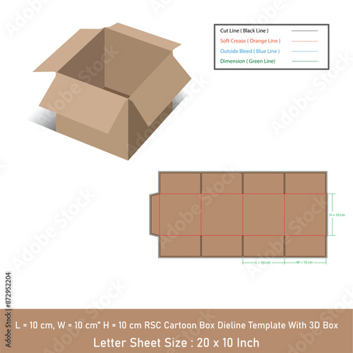 L = 10 cm, W = 10 cm” H = 10 cm RSC Cartoon Box Dieline Template With 3D Box