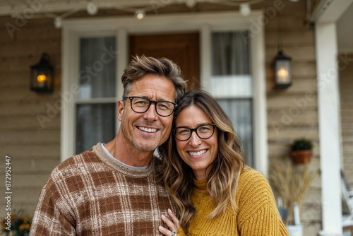 Happy Confident Couple Posing Outside Their Cozy Home