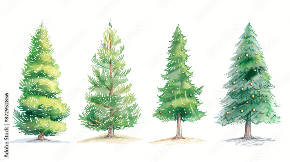 christmas tree set, An illustration set of Christmas trees drawn with colored pencils, hand-drawn artwork christmas tree set, An illustration set of Christmas trees drawn with colored pencils, hand-drawn artwork