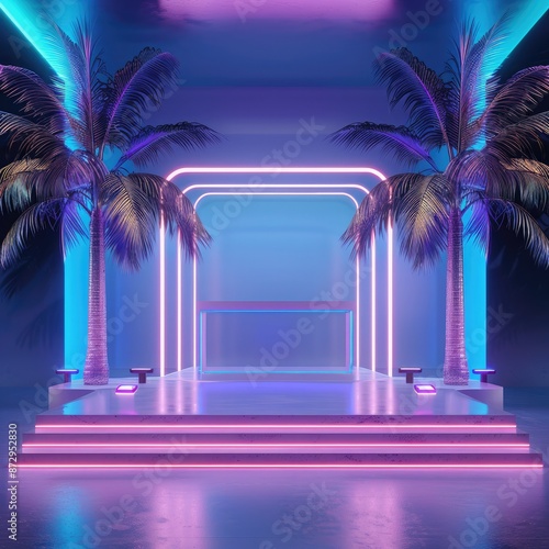 A 3D rendering of an empty product stand with palm trees and neon lights, creating a vibrant and futuristic setting for product display.  © Radetdararith