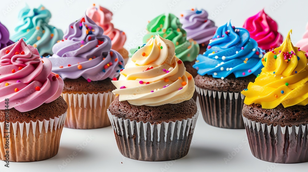 A collection of colorful cupcakes with frosting and sprinkles. A collection of colorful cupcakes with frosting and sprinkles.