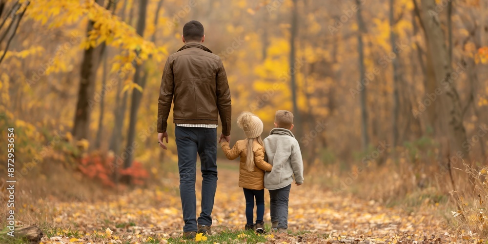 Fototapeta premium A family walking in the woods during autumn, with beautiful fall colors and natural light