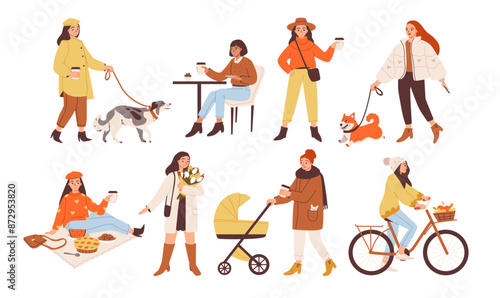 Women in autumn clothes walk their dogs, ride a bike, walk with a stroller and sit in a cafe. Fashionable women in warm clothes. Flat vector illustration