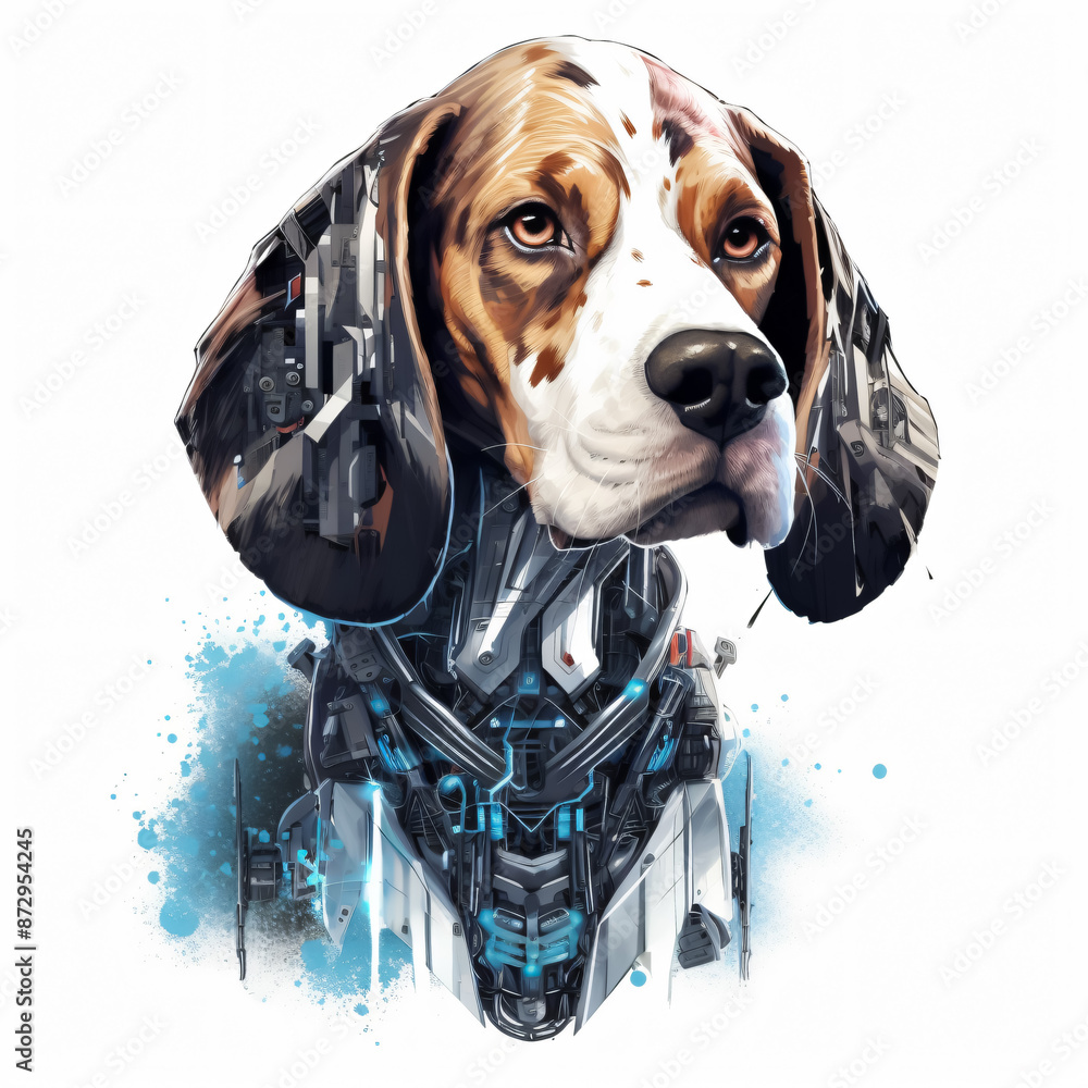 T-shirt pattern design of a cyberpunk bionic beagle, augmented, curious ...