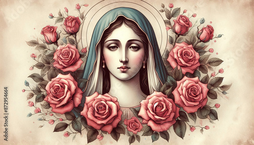 Old school vintage illustration. Portrait of Mother Mary with roses. Marian imagery, watercolor tones