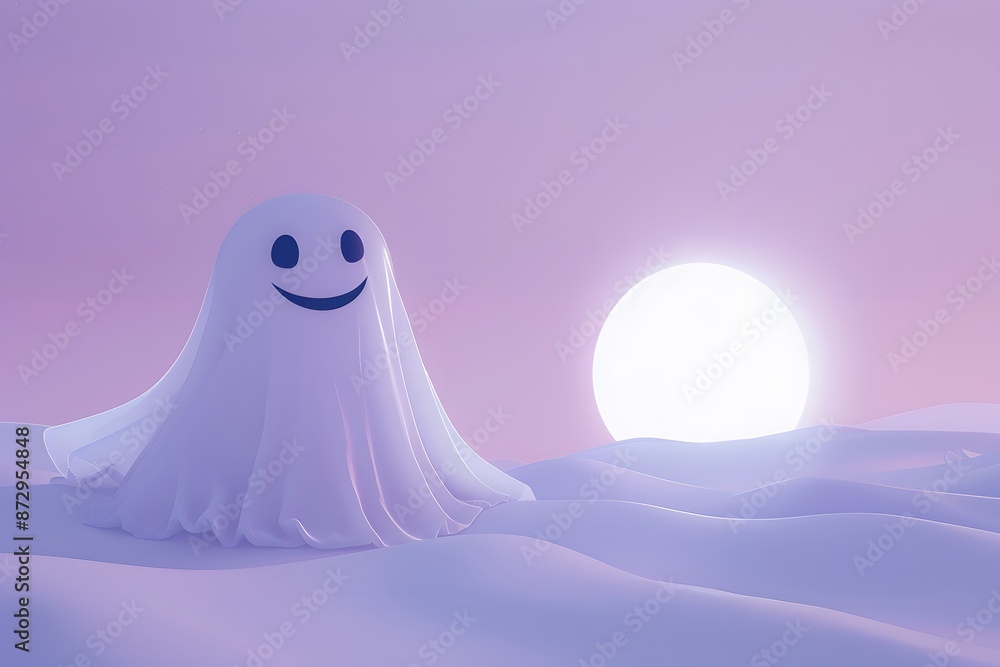 3D render of A smiling ghost under the moonlight on a pastel lavender background, no peaple 3D render of A smiling ghost under the moonlight on a pastel lavender background, no peaple