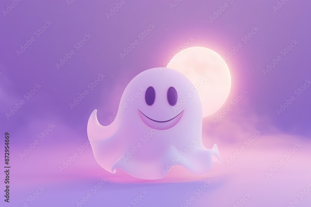 3D render of A smiling ghost under the moonlight on a pastel lavender background, no peaple 3D render of A smiling ghost under the moonlight on a pastel lavender background, no peaple