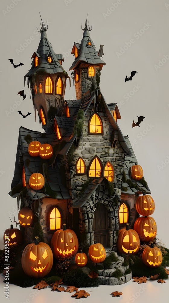3D render of A haunted house with cheerful jack-o'-lanterns on a pastel ivory background, no peaple 3D render of A haunted house with cheerful jack-o'-lanterns on a pastel ivory background, no peaple