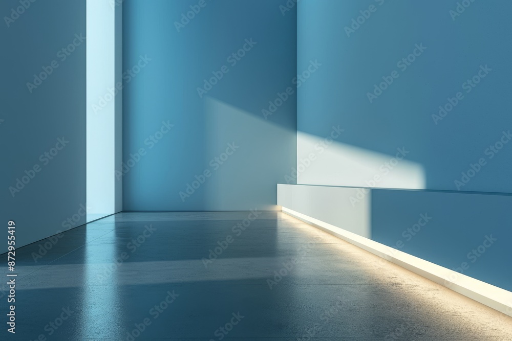 Fototapeta premium Universal minimalistic blue background for presentation. A light blue wall in the interior with beautiful built-in lighting and a smooth floor, AI generated