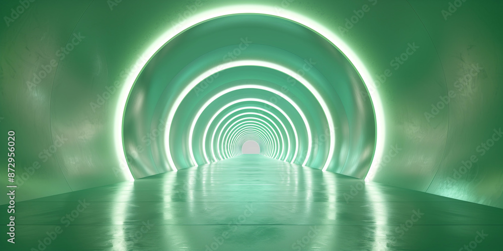 Fototapeta premium Empty green tunnel 3d light room background. Abstract space tunnel interior. Modern perspective hall stage design. Futuristic neon road