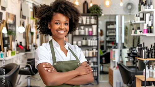 African American female hairdresser in shirt and apron, standing with crossed arms in a luxury hair salon, exuding professionalism.