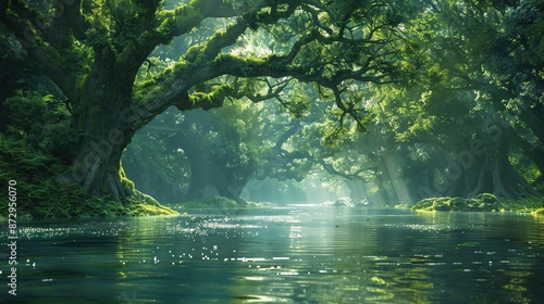A mythical forest with ancient trees and a shimmering river, ample copy space