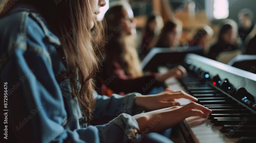 A musician playing the keyboard with acute focus during a performance or rehearsal, conveying dedication, skill, and the beauty of musical expression. A musician playing the keyboard with acute focus during a performance or rehearsal, conveying dedication, skill, and the beauty of musical expression.